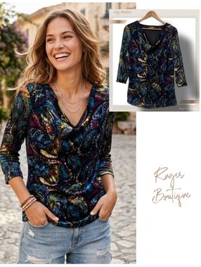 🌿Sag Harbor Women's Small Drape Neckline Vibrant Multicolor Paisley Print Top